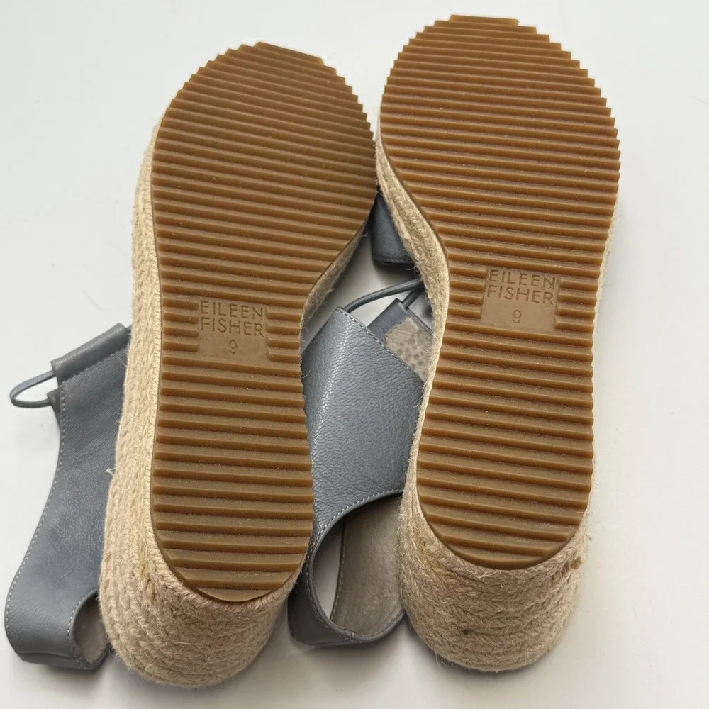 Eileen Fisher AGNES Blue Leather Espadrille Sandals WOMENS SIZE 9 Platform Wedge